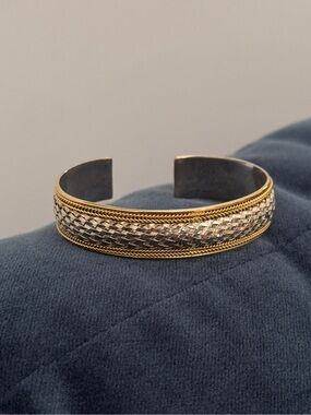 Vintage Fas 925 Gold On Sterling Silver Woven  Cuff Bracelet.